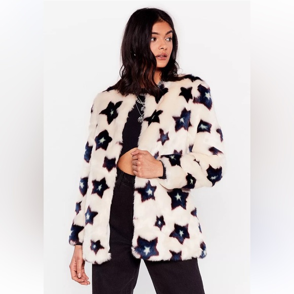 Nasty Gal Star Open Front Faux Fur Jacket Coat Small - Picture 7 of 8